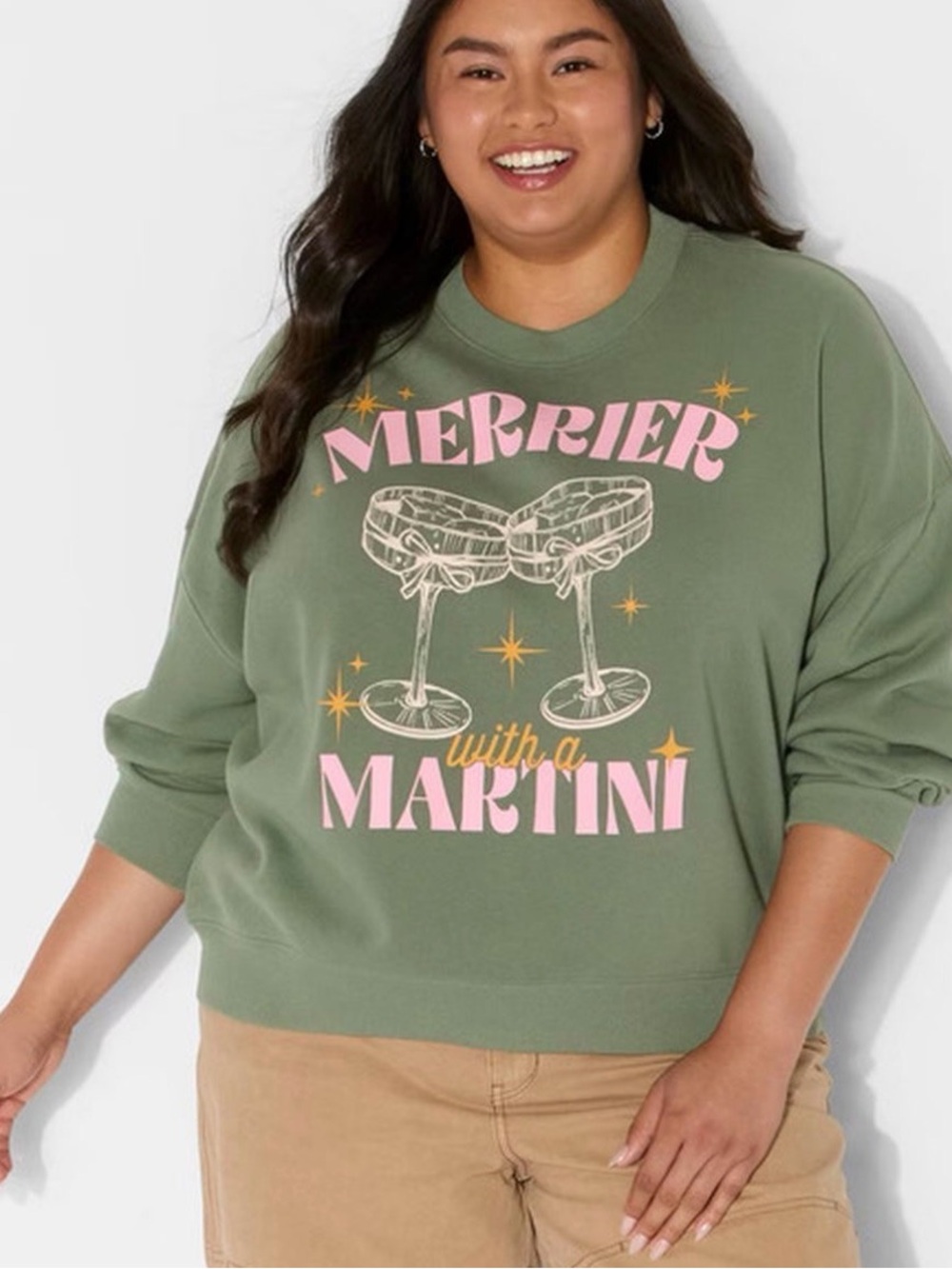 Merrier with a Martini Graphic Sweatshirt - Olive Green